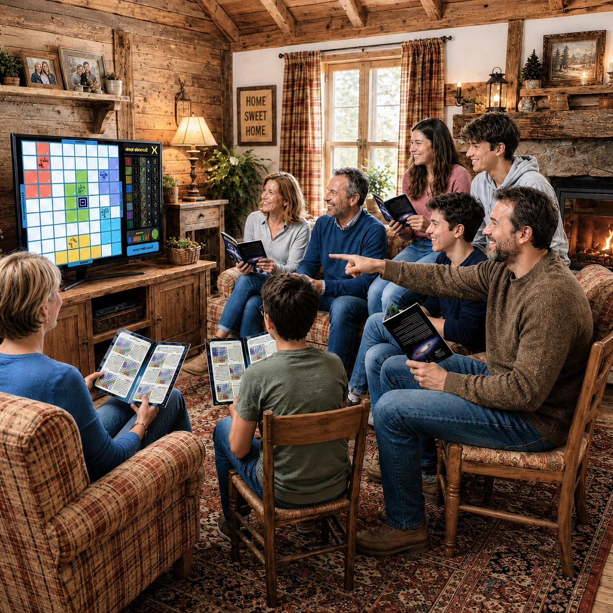 Young people and adults gathered around a digital board game